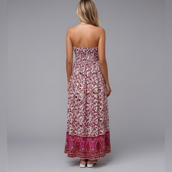 Red/Pink Boho Floral Print Tube Dress - Picture 4 of 10